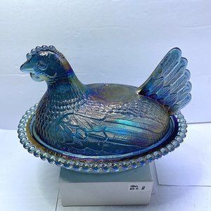 1935 Indiana Evergreen Carnival Glass Hen on Nest Iridescent BEAUTY Vintage